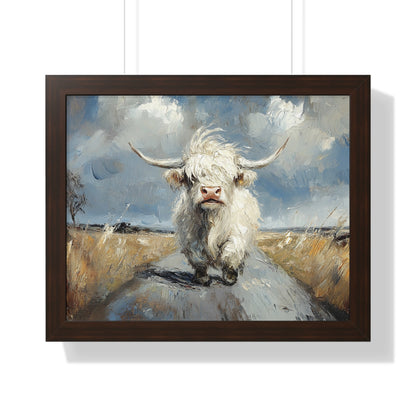 Poster - Cute White Highland Cow Running Down Road Escapee