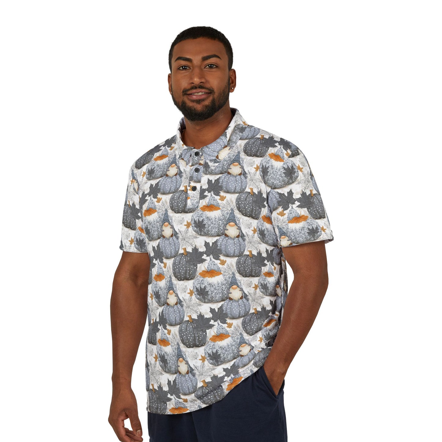 Autumn Gnome Vibes Unisex Polo Shirt, Festive Fall Apparel, Pumpkin Themed Top, Casual Thanksgiving Outfit