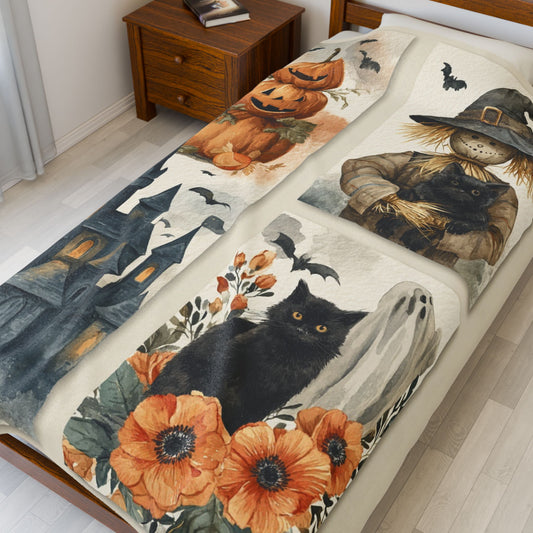 Cozy Halloween Plush Blanket | Spooky Decor, Soft Throw, Fall Home Accent, Autumn Gift, Pumpkin and Cat Design