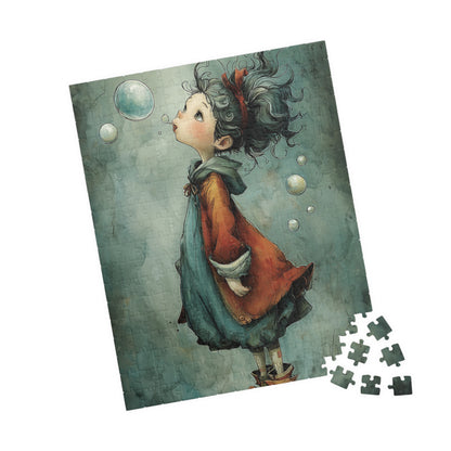 Blue Colored Little Girl and Bubble Puzzles - Enchanting Artwork for Family Fun, Stress Relief