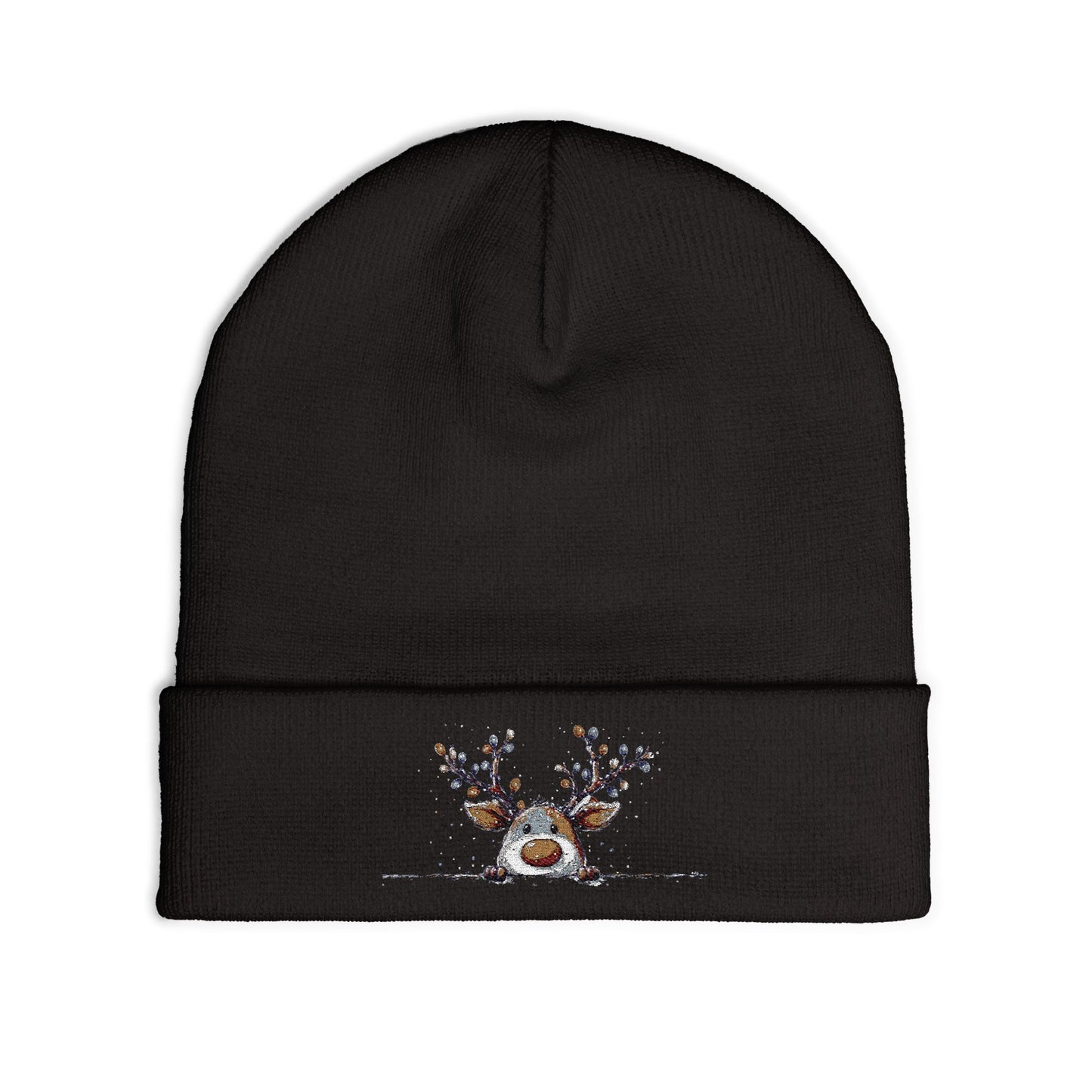 Beanie Hat - Peeking Rudolf with Christmas Lights Embroidered