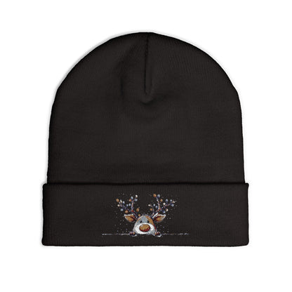 Beanie Hat - Peeking Rudolf with Christmas Lights Embroidered