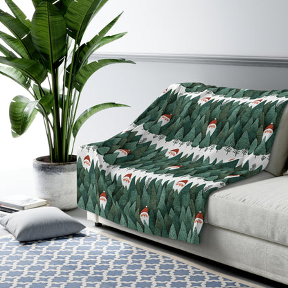Cozy Sherpa Fleece Blanket with Peeking Santa Forest Design, Soft Throw Blanket, Winter Decor, Camping Blanket, Holiday Gift