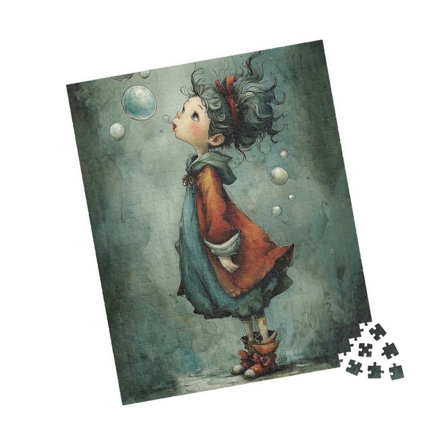 Blue Colored Little Girl and Bubble Puzzles - Enchanting Artwork for Family Fun, Stress Relief