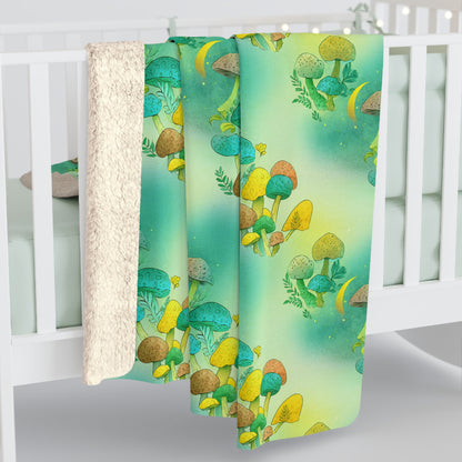 Sherpa Fleece Blanket - Electric Green Mushroom Pattern