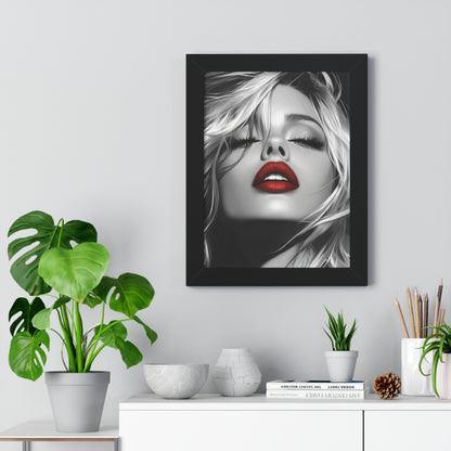 Chic Framed Vertical Poster with Bold Red Lips, Art Print for Glam Decor, Fashion Wall Art, Bedroom Decoration, Elegant Gift Idea