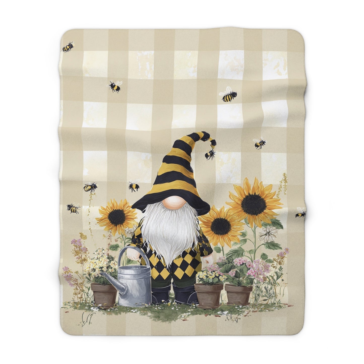 Fall Sunflower Gnome Sherpa Fleece Blanket with Bee and Gnome Design, Gift for Garden Lovers, Autumn Decor, Snuggle Companion