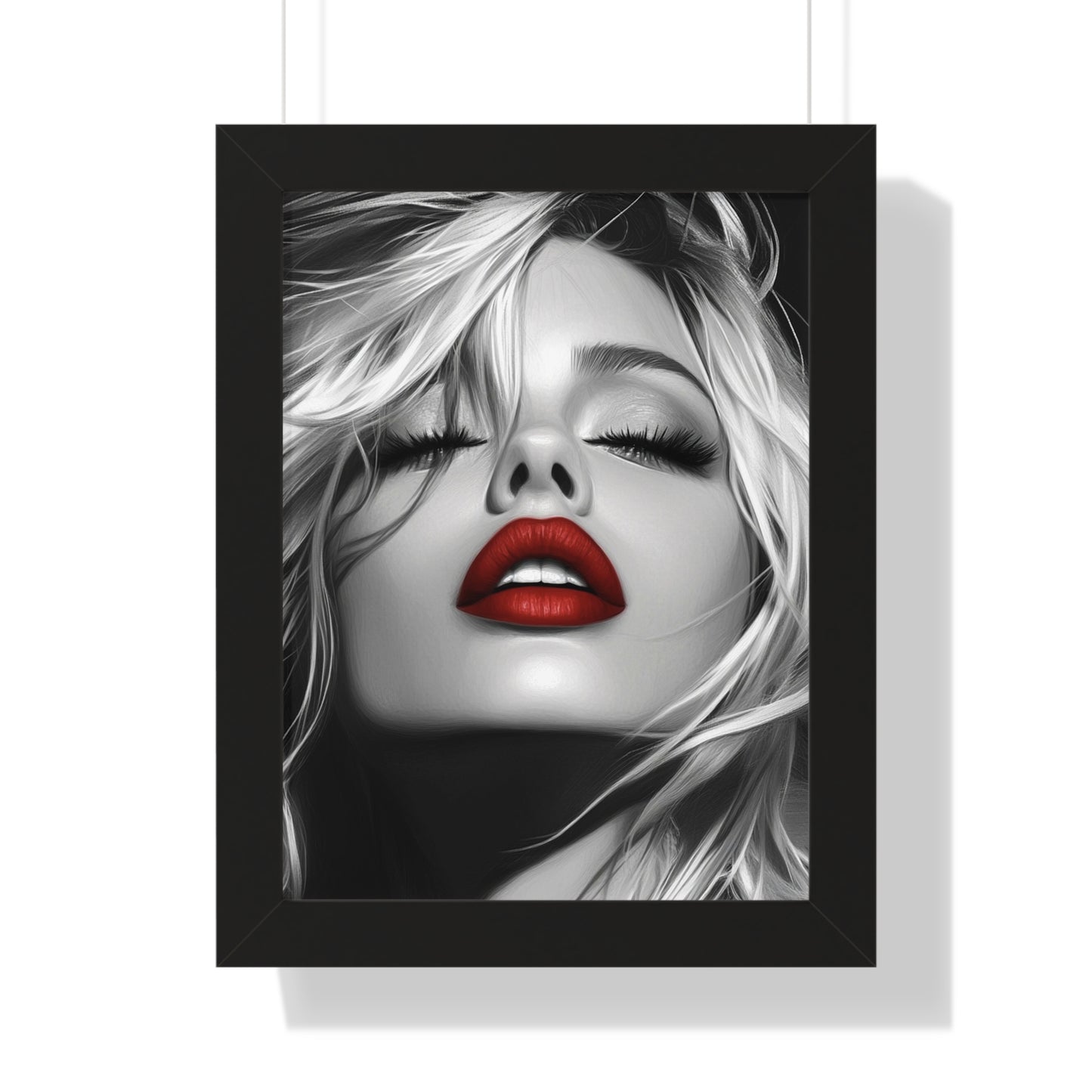 Chic Framed Vertical Poster with Bold Red Lips, Art Print for Glam Decor, Fashion Wall Art, Bedroom Decoration, Elegant Gift Idea