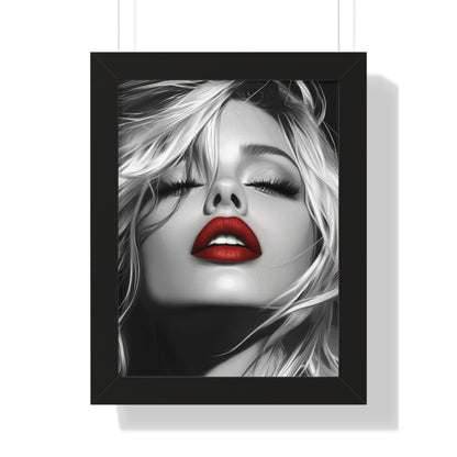 Chic Framed Vertical Poster with Bold Red Lips, Art Print for Glam Decor, Fashion Wall Art, Bedroom Decoration, Elegant Gift Idea