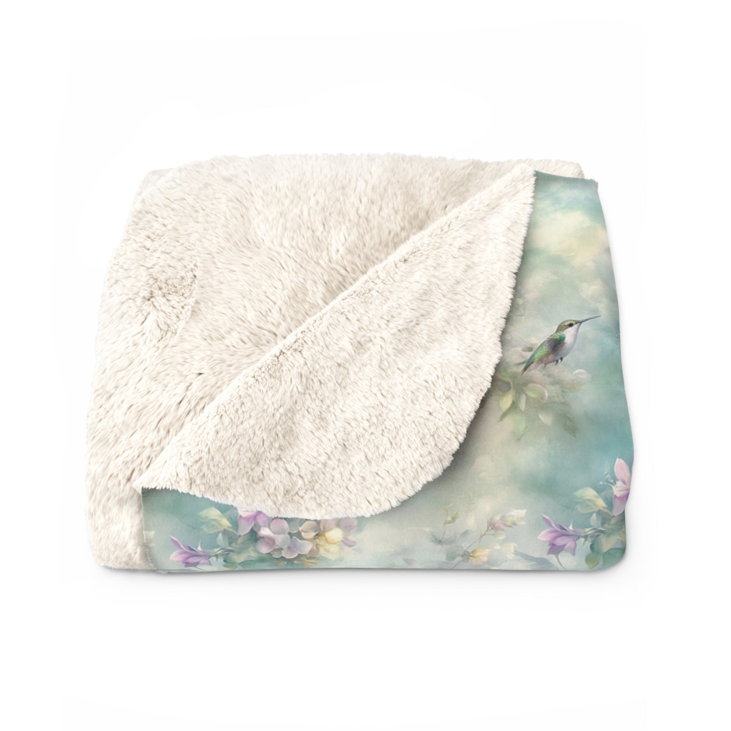 Sherpa Fleece Blanket - Soft Turquoise Hummingbirds