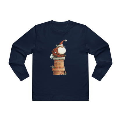 Festive Men’s Base Longsleeve Tee, Christmas Shirt, Santa in Chimney Design