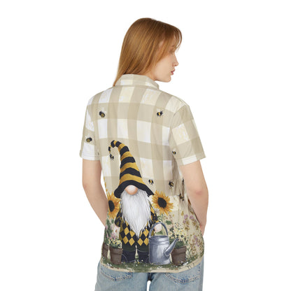 Whimsical Gnome Polo Shirt, Unisex Summer Shirt, Bee & Sunflower Print, Casual Garden Attire, Unique Gift for Garden Lovers