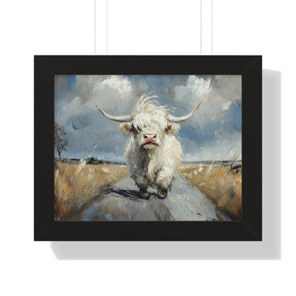 Poster - Cute White Highland Cow Running Down Road Escapee