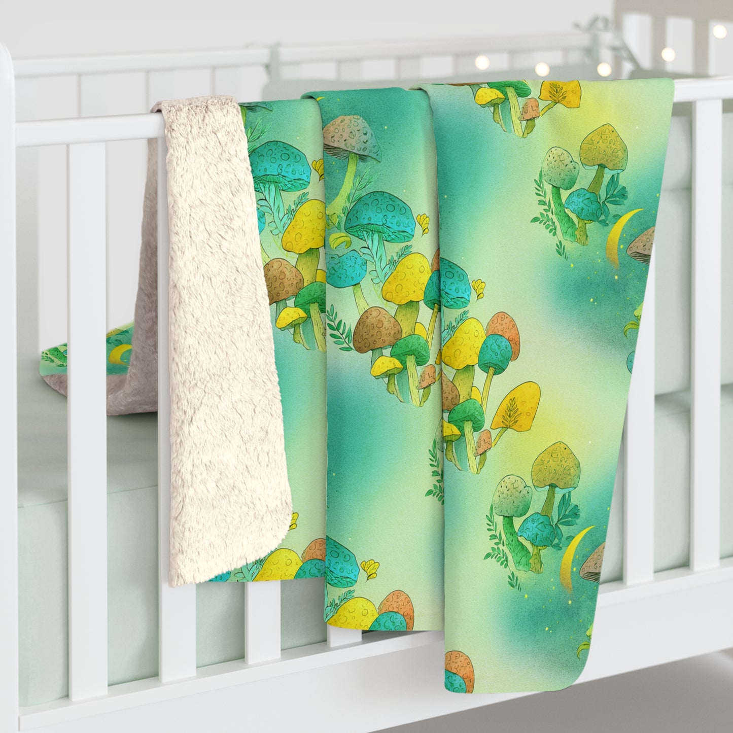 Sherpa Fleece Blanket - Electric Green Mushroom Pattern