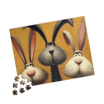 Puzzle - 3 Funny Rabbit Friends on Burnt Orange Background