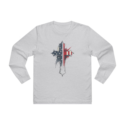 Patriotic Long Sleeve Tee with Distressed Flag Cross, USA Pride Shirt, Casual Wear, Gift for Veterans, Memorial Day, Independence Day