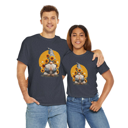 Sunflower and Yoga Gnome Unisex Heavy Cotton Tee - Boho Style, Eco-Friendly Apparel, Casual Wear, Unique Art Tee