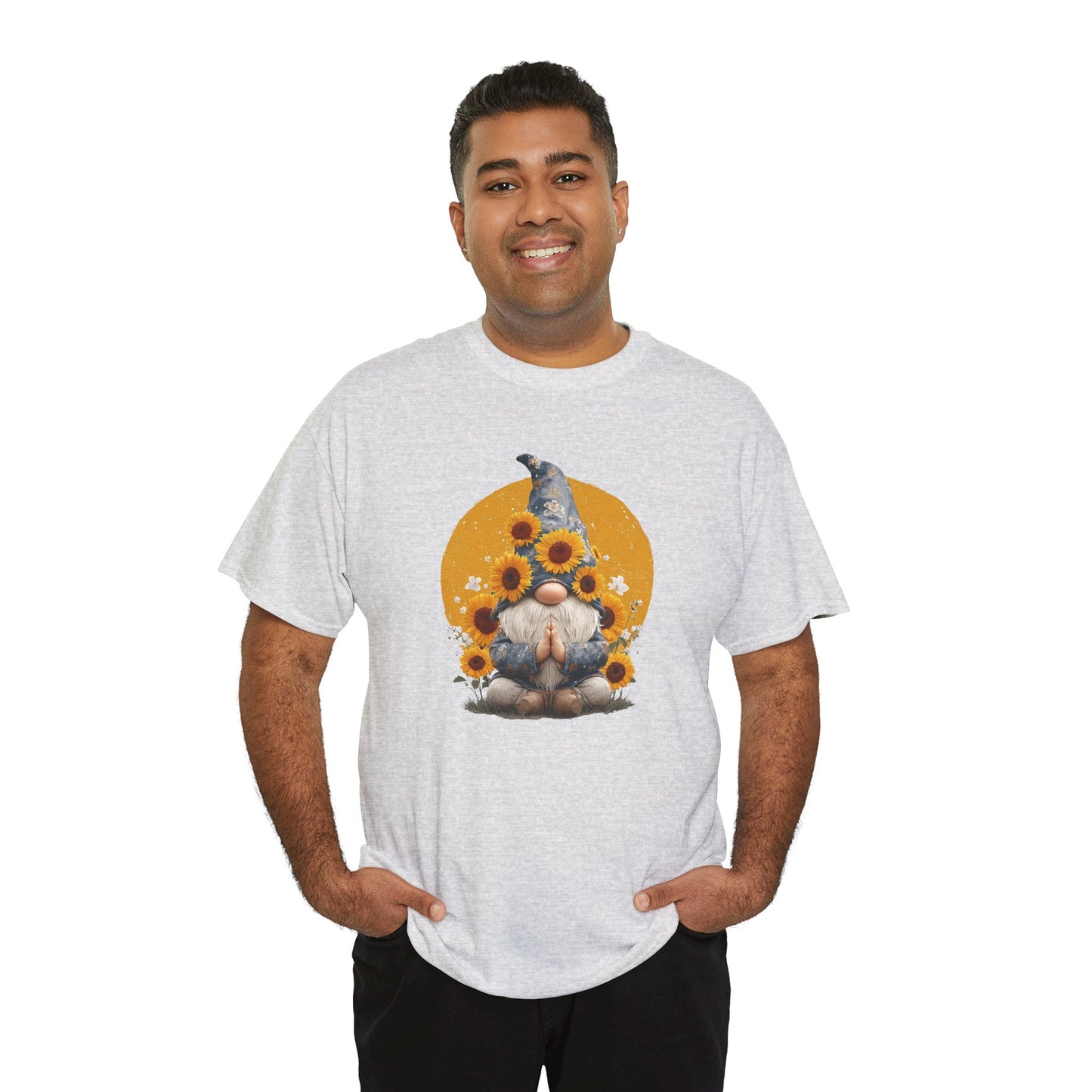 Sunflower and Yoga Gnome Unisex Heavy Cotton Tee - Boho Style, Eco-Friendly Apparel, Casual Wear, Unique Art Tee