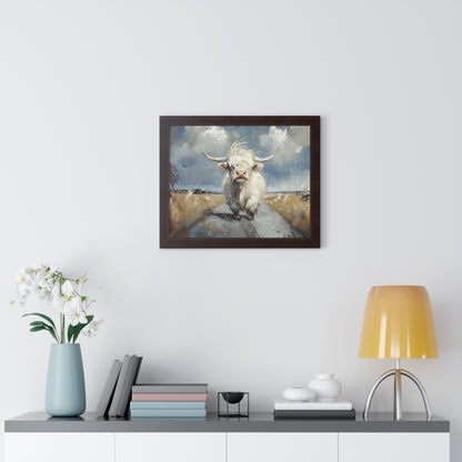Poster - Cute White Highland Cow Running Down Road Escapee