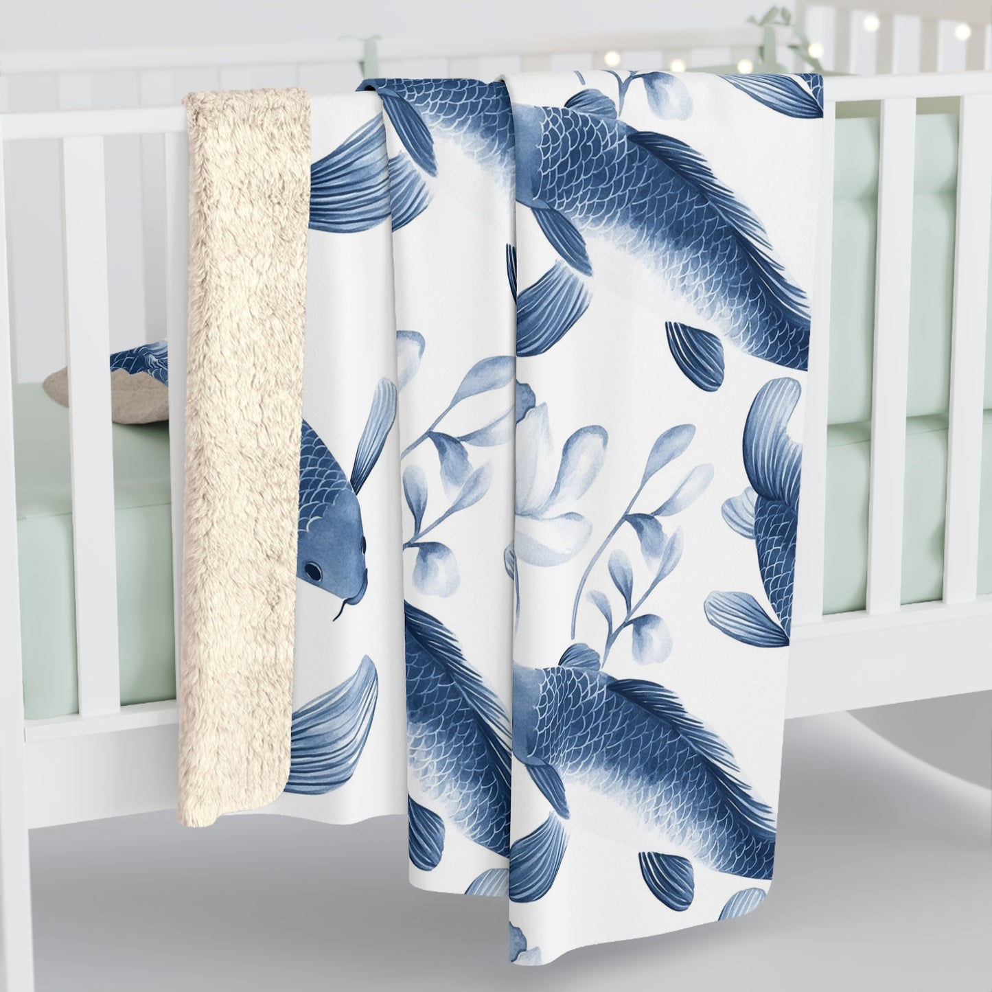 Sherpa Fleece Blanket - Quaint Blue Koi Pattern