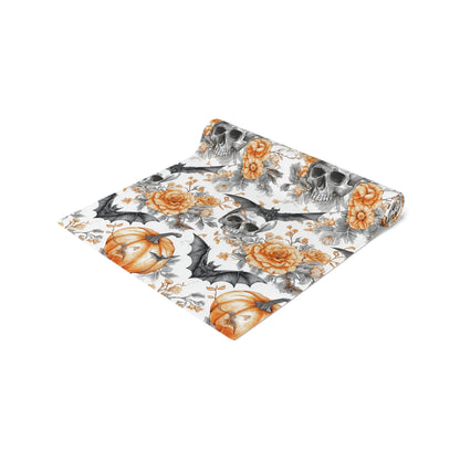 Halloween Themed Table Runner, Spooky Decor for Fall, Gothic Home Accents, Pumpkin and Skull Design, Perfect for Parties