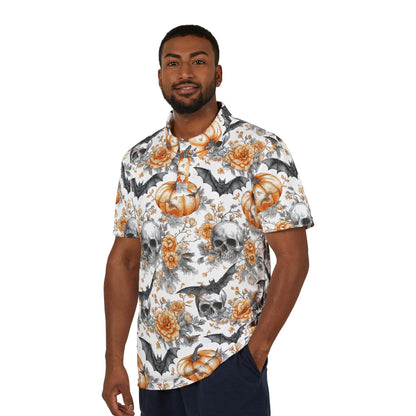 Halloween Skull & Pumpkin Polo Shirt, Fall Apparel, Unisex Halloween Shirt, Spooky Fashion, Autumn Style, Gothic Clothing