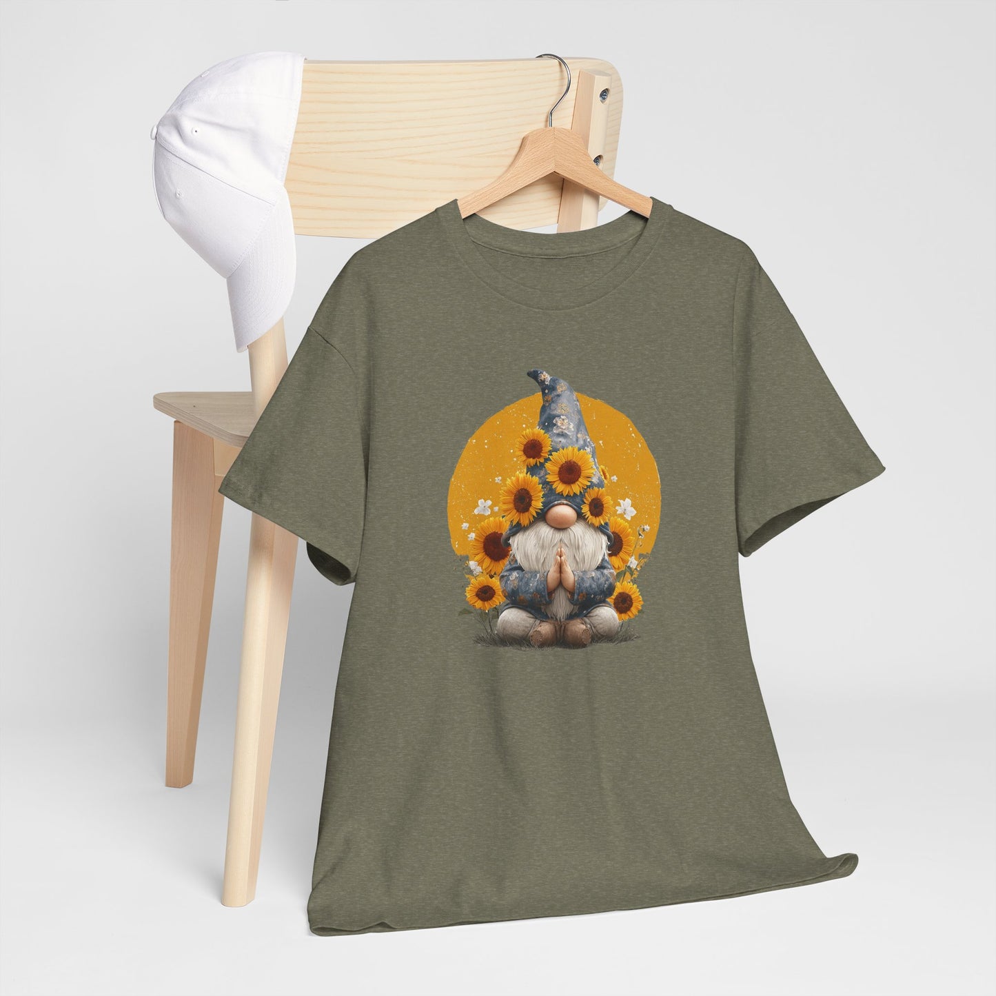Sunflower and Yoga Gnome Unisex Heavy Cotton Tee - Boho Style, Eco-Friendly Apparel, Casual Wear, Unique Art Tee