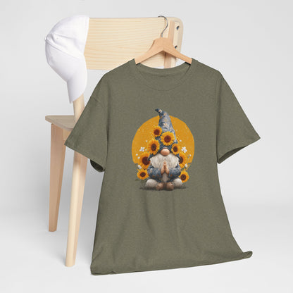 Sunflower and Yoga Gnome Unisex Heavy Cotton Tee - Boho Style, Eco-Friendly Apparel, Casual Wear, Unique Art Tee