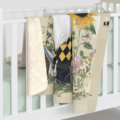 Fall Sunflower Gnome Sherpa Fleece Blanket with Bee and Gnome Design, Gift for Garden Lovers, Autumn Decor, Snuggle Companion