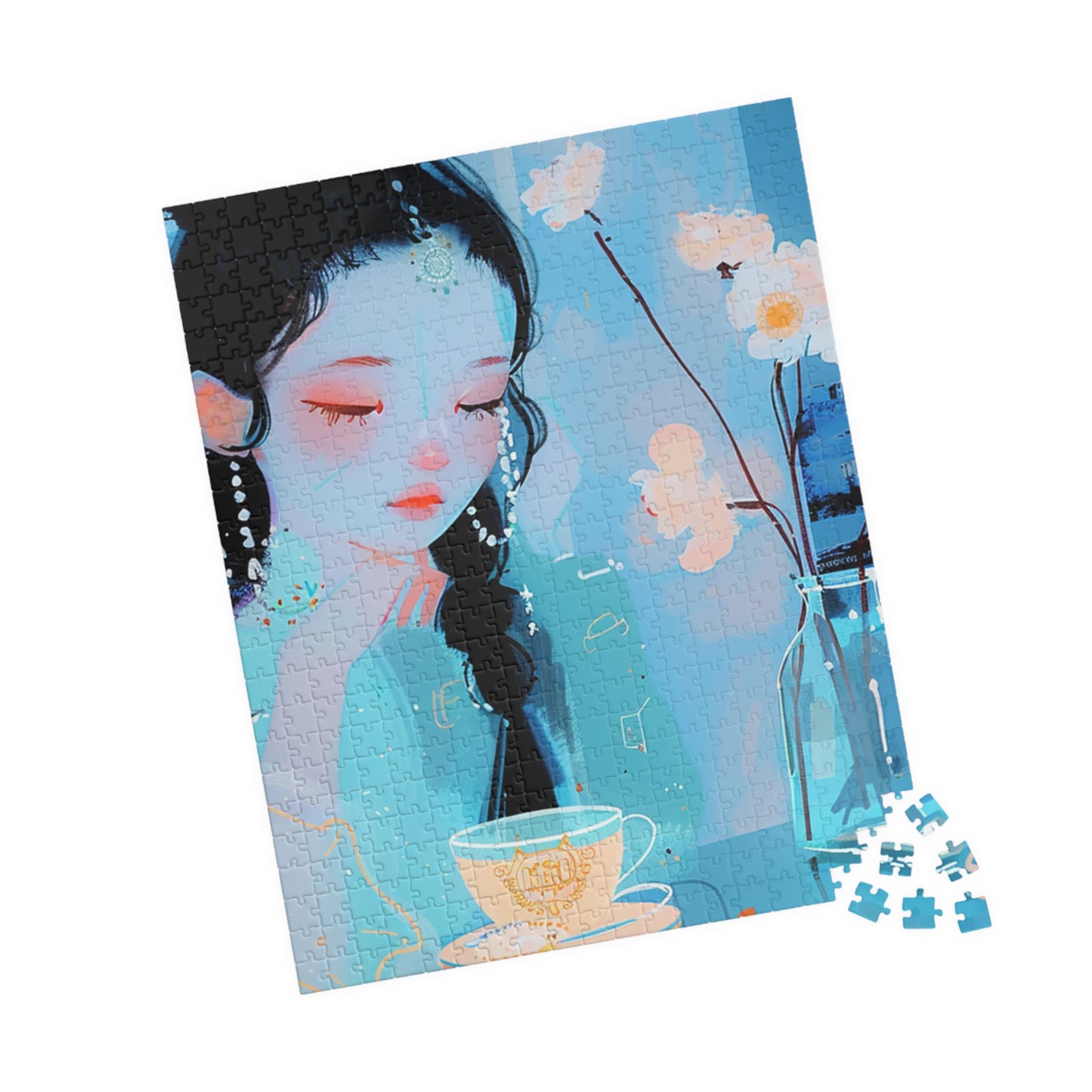 Artistic Puzzle Featuring Serene Teacup Design, Perfect Gift for Tea Lovers, Mindful Relaxation Activity Decor