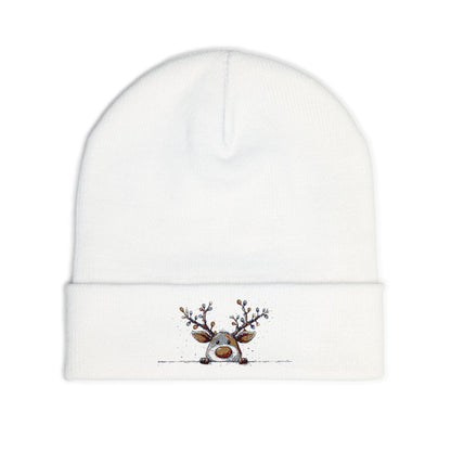Beanie Hat - Peeking Rudolf with Christmas Lights Embroidered