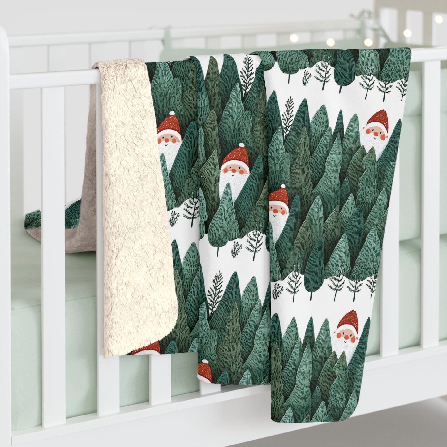 Cozy Sherpa Fleece Blanket with Peeking Santa Forest Design, Soft Throw Blanket, Winter Decor, Camping Blanket, Holiday Gift