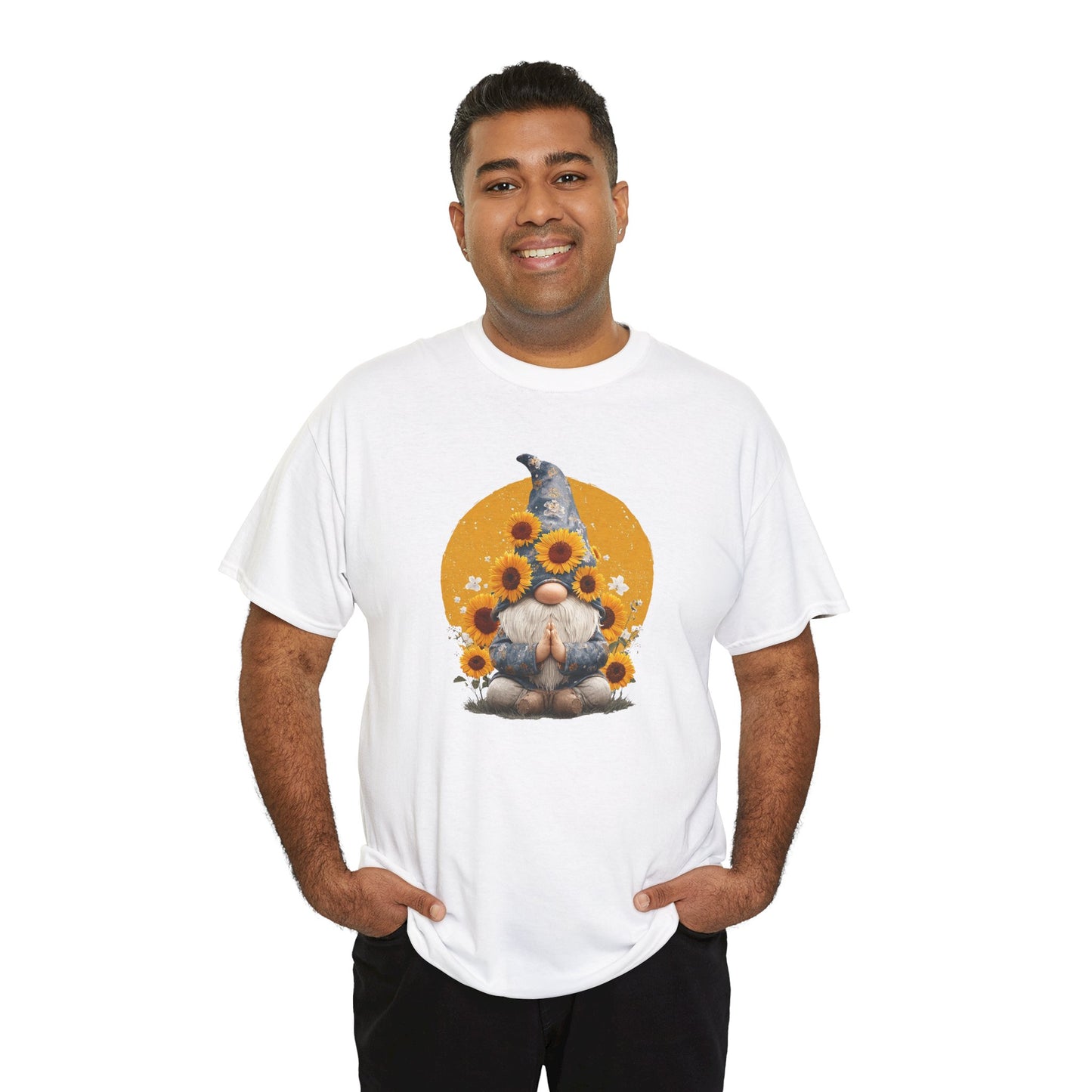 Sunflower and Yoga Gnome Unisex Heavy Cotton Tee - Boho Style, Eco-Friendly Apparel, Casual Wear, Unique Art Tee