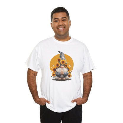 Sunflower and Yoga Gnome Unisex Heavy Cotton Tee - Boho Style, Eco-Friendly Apparel, Casual Wear, Unique Art Tee