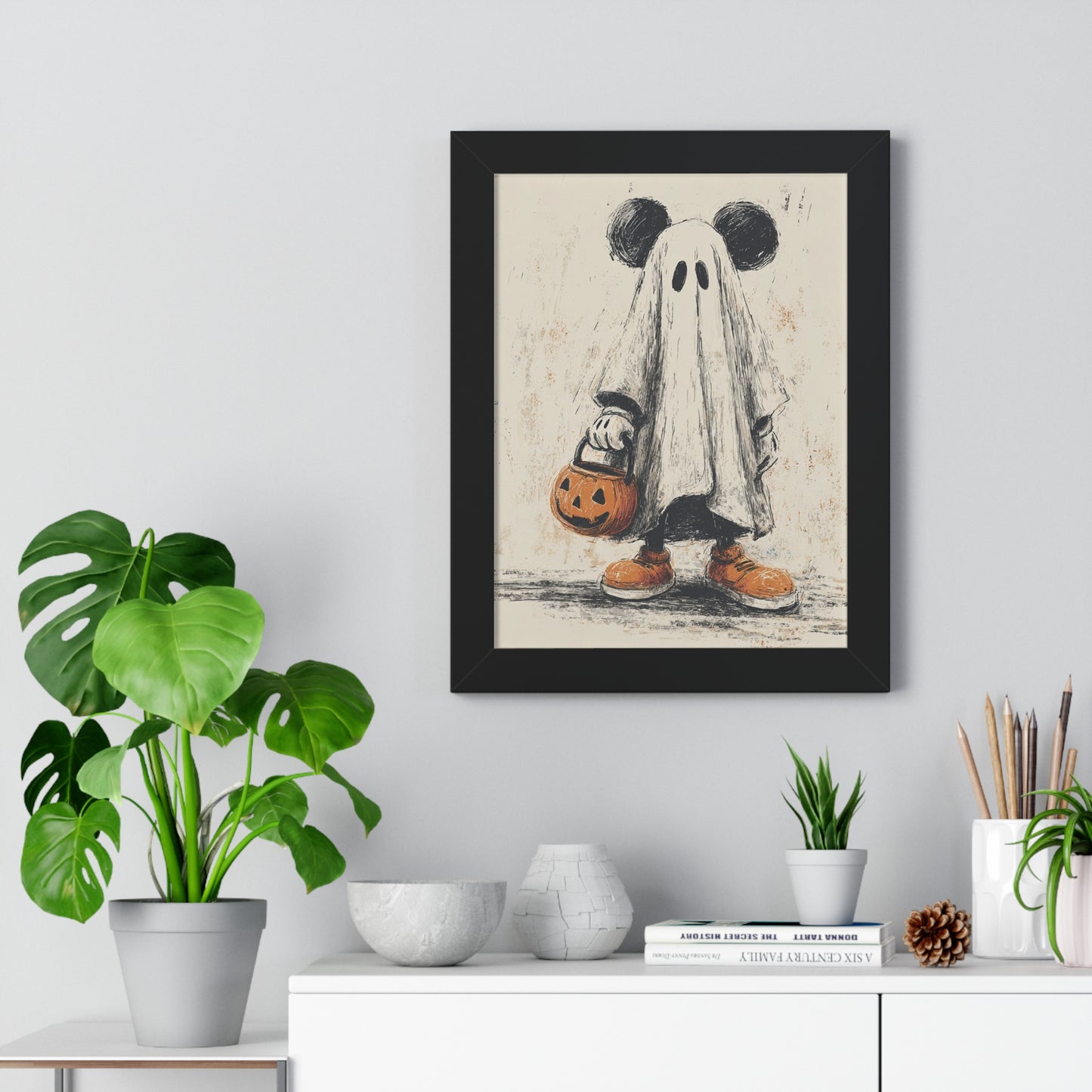 Whimsical Halloween Framed Poster | Ghostly Mickey Art, Halloween Decor, Kid's Room Wall Art, Seasonal Home Decor, Spooky Vibes