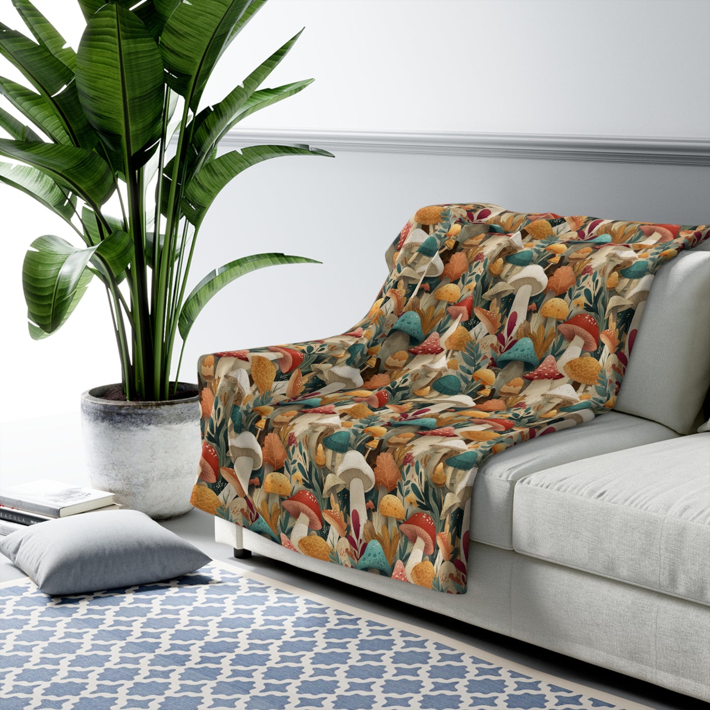 Cozy Mushroom Pattern Sherpa Fleece Blanket | Perfect for Fall, Home Décor, Gift for Nature Lovers, Cozy Nights, Outdoor Adventures