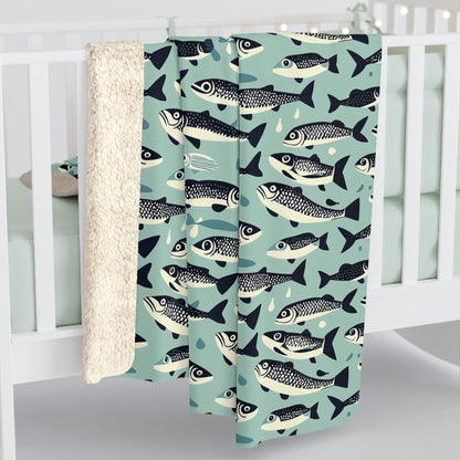 Fish Pattern Sherpa Fleece Blanket, Gift for Fishermen, Outdoor Lover's Blanket, Unique Blanket