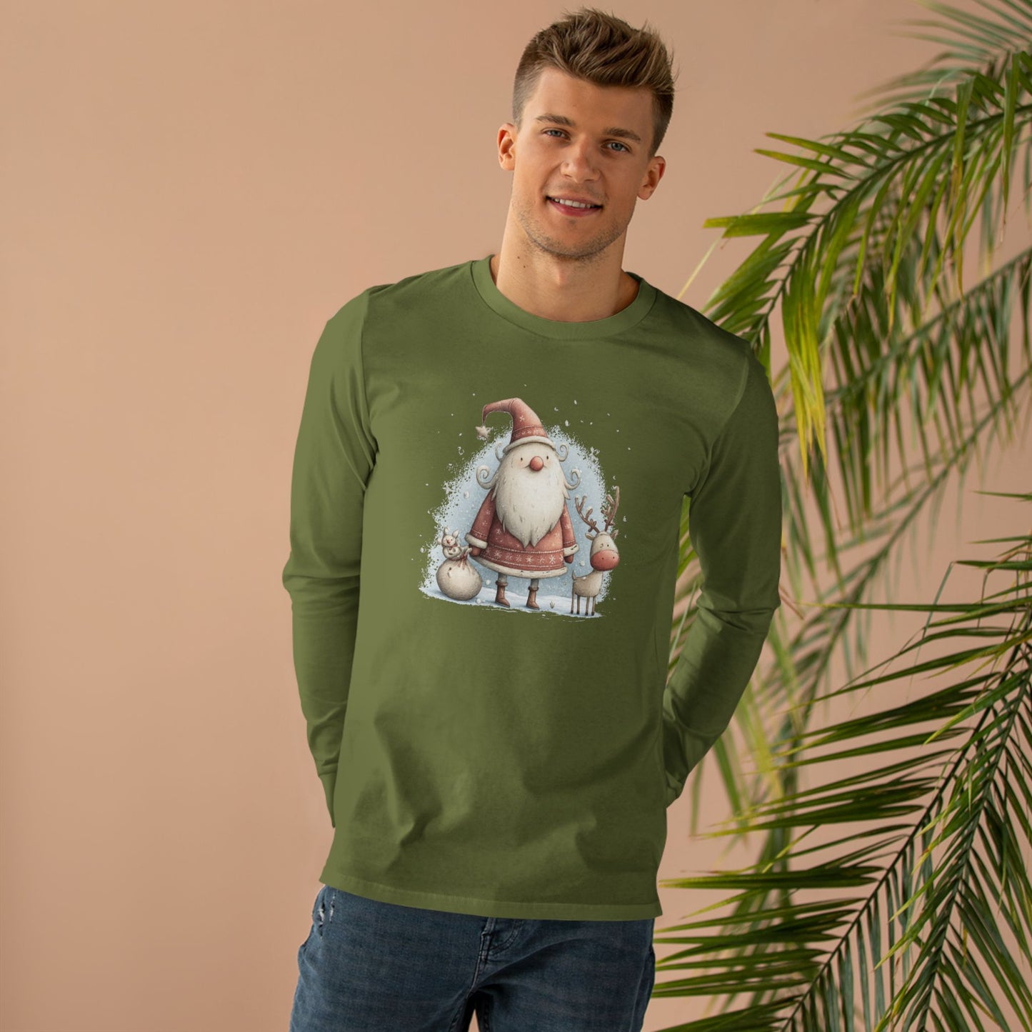 Santa & Reindeer Longsleeve Tee, Christmas Shirt, Holiday Gift, Men's Winter Apparel, Festive Long Sleeve