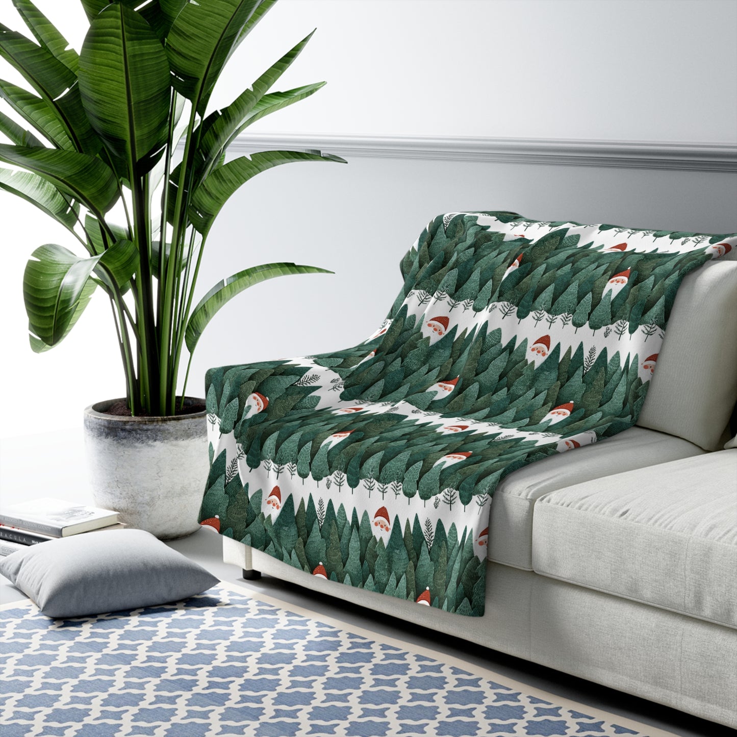 Cozy Sherpa Fleece Blanket with Peeking Santa Forest Design, Soft Throw Blanket, Winter Decor, Camping Blanket, Holiday Gift