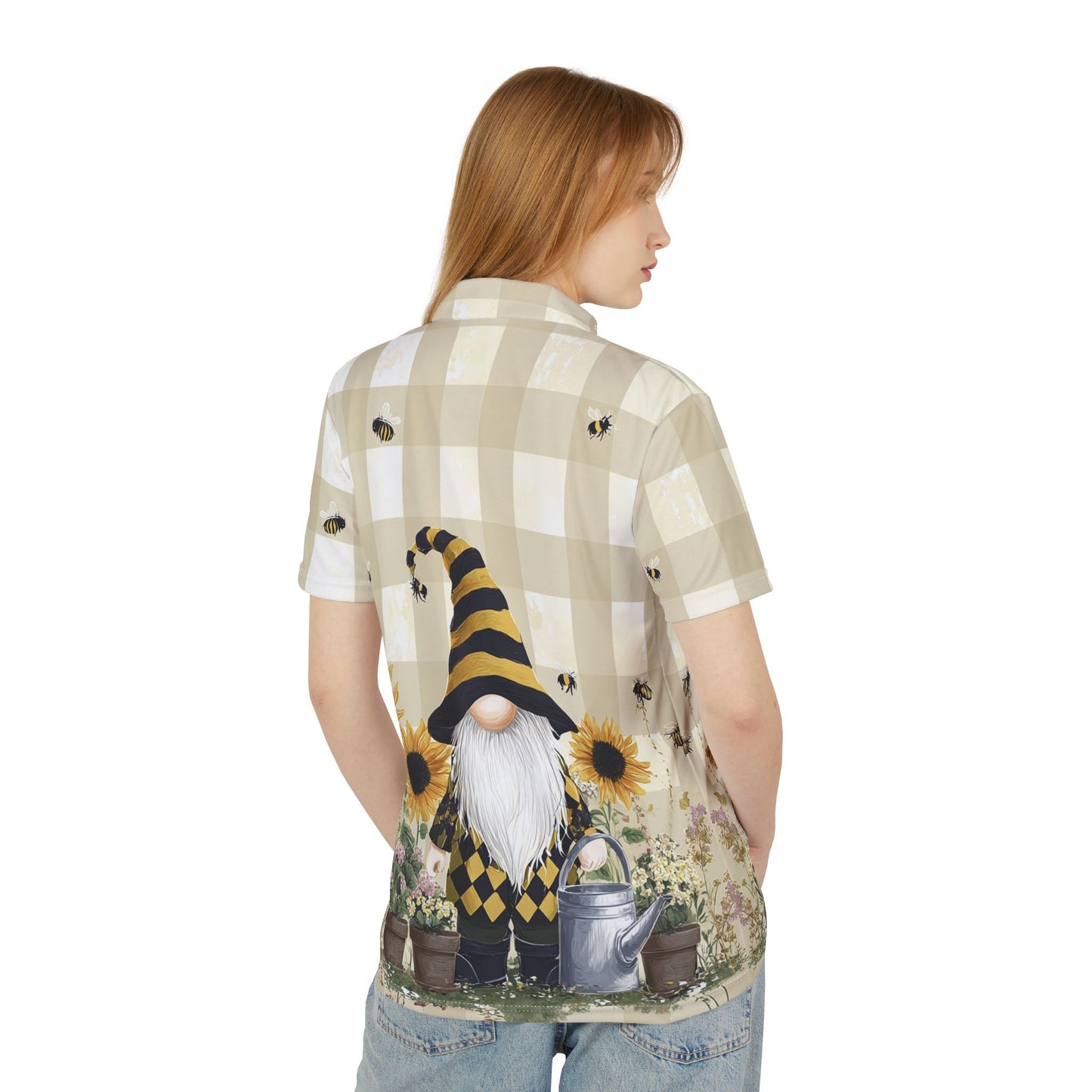 Whimsical Gnome Polo Shirt, Unisex Summer Shirt, Bee & Sunflower Print, Casual Garden Attire, Unique Gift for Garden Lovers
