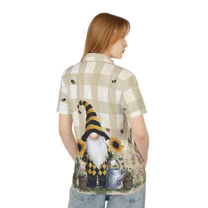 Whimsical Gnome Polo Shirt, Unisex Summer Shirt, Bee & Sunflower Print, Casual Garden Attire, Unique Gift for Garden Lovers