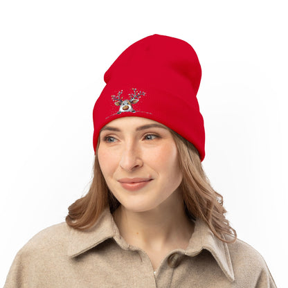 Beanie Hat - Peeking Rudolf with Christmas Lights Embroidered