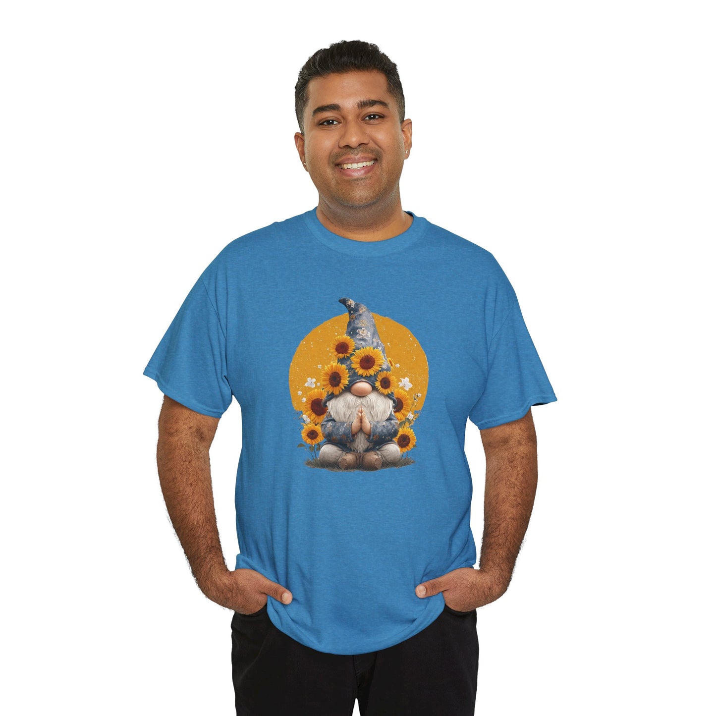 Sunflower and Yoga Gnome Unisex Heavy Cotton Tee - Boho Style, Eco-Friendly Apparel, Casual Wear, Unique Art Tee