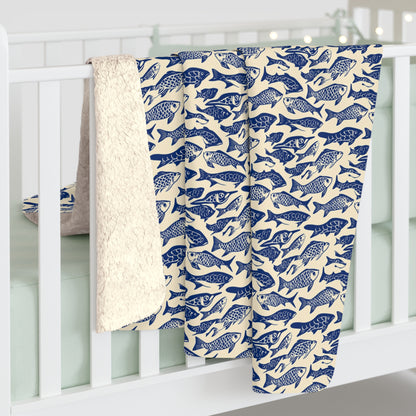 Nautical Sherpa Fleece Blanket, Cozy Sea Life Throw, Perfect for Beach Lovers