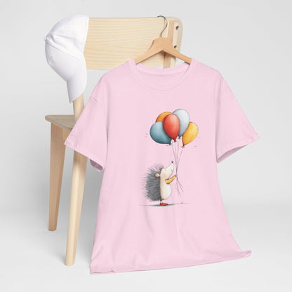 Adorable Hedgehog Balloon Tee, Cute Animal T-Shirt, Unisex Casual Wear, Birthday Gift, Fun Graphic Top