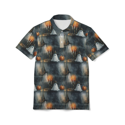 Spooky Halloween Polo Shirt, Ghost Pattern Tee, Unisex AOP Shirt, Festive Autumn Apparel, Unique Holiday Gift
