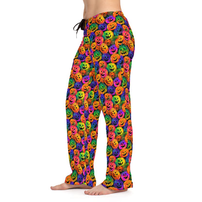 Rainbow Colors Halloween Pumpkin Pattern Women's Pajama Pants, Spooky Season Loungewear