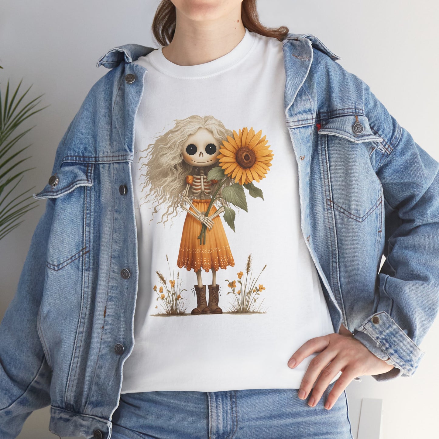 Sunflower Gothic Girl Unisex Cotton Tee, Boho T-Shirt, Gift for Autumn, Casual Wear, Harvest Festival Top, Halloween Shirt