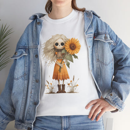 Sunflower Gothic Girl Unisex Cotton Tee, Boho T-Shirt, Gift for Autumn, Casual Wear, Harvest Festival Top, Halloween Shirt