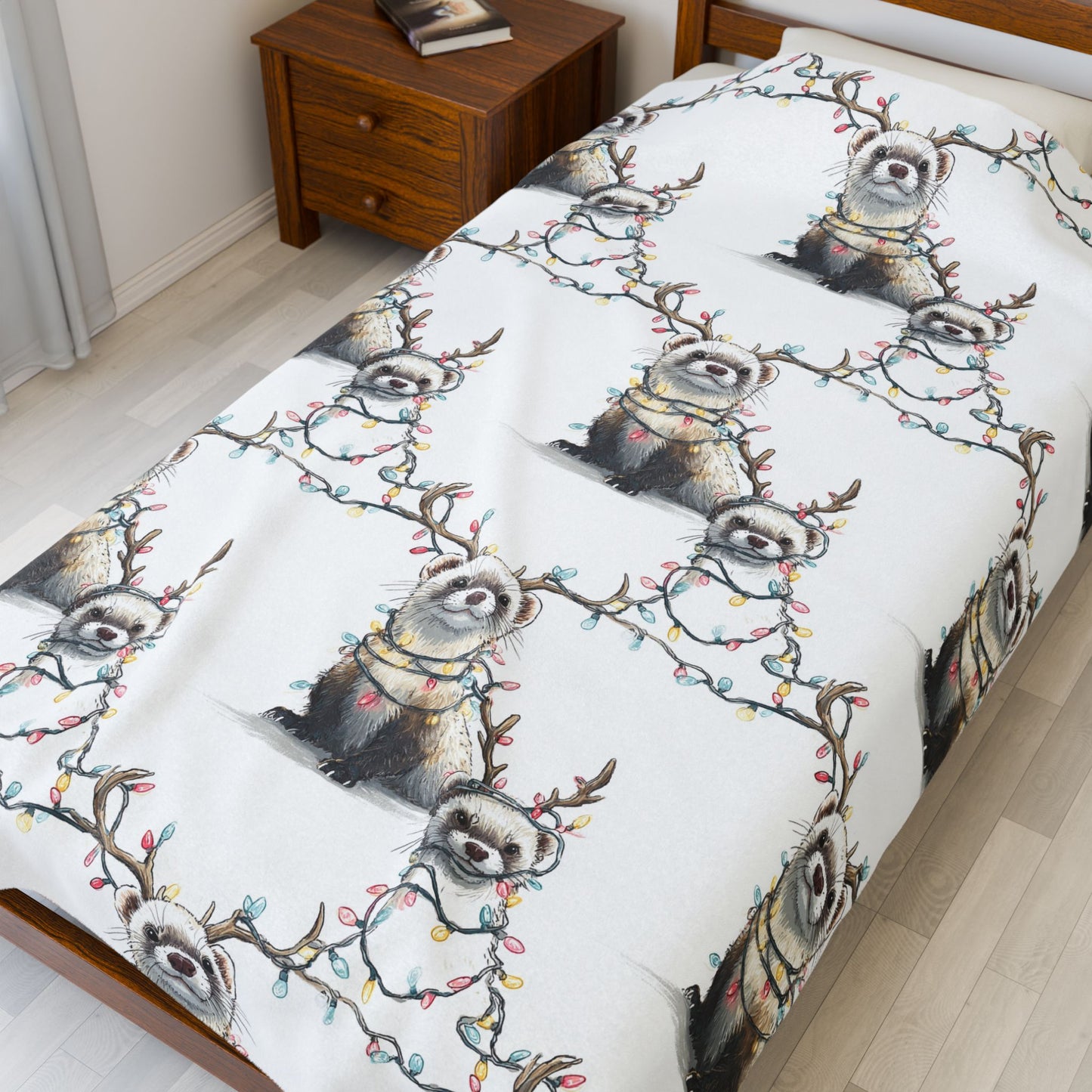Velveteen Blanket - Otters in Xmas Lights Pattern